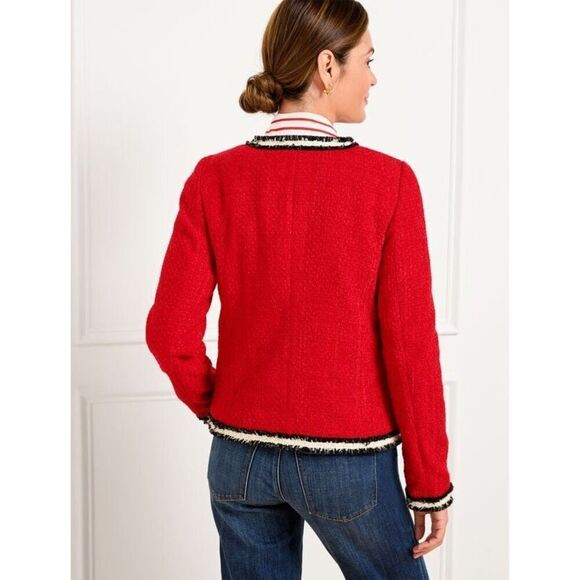 Talbots FRINGE STRIPE TWEED JACKET size 8 Petite Red Preppy - Picture 2 of 13
